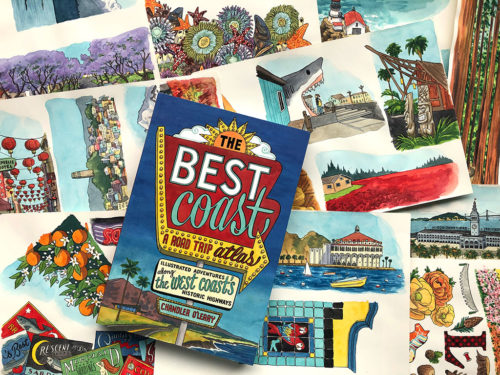 Book cover and process images from "The Best Coast" book written & illustrated by Chandler O'Leary, published by Sasquatch Books