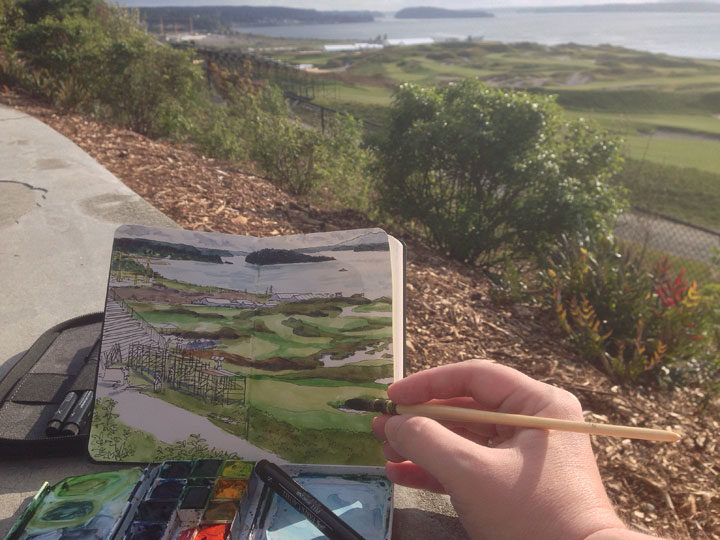 In-progress photo of Chambers Bay Golf Course sketch by Chandler O'Leary