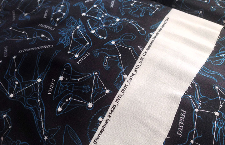 Final lining fabric for Sonja Silver's raincoat, featuring constellation pattern illustrated by Chandler O'Leary