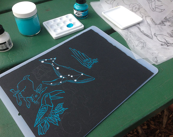 Process photo of constellation pattern illustrated by Chandler O'Leary