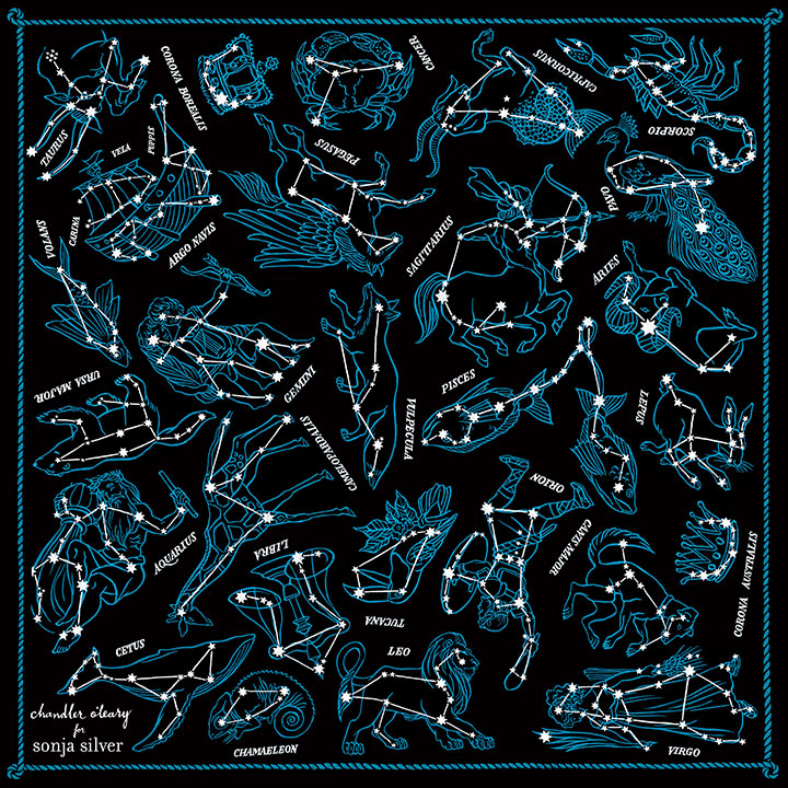 Scarf featuring constellation pattern illustrated by Chandler O'Leary