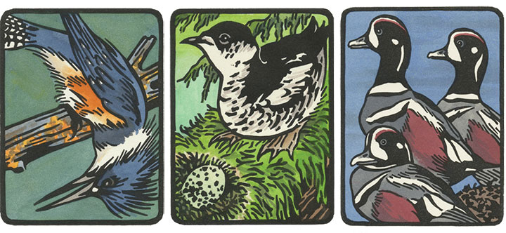 "Flock" hand-painted linocut bird prints by Chandler O'Leary