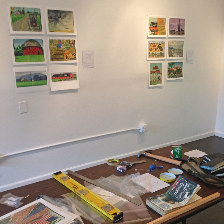 Installation of "Jaunt + Jot" exhibition featuring sketchbook drawings by Chandler O'Leary