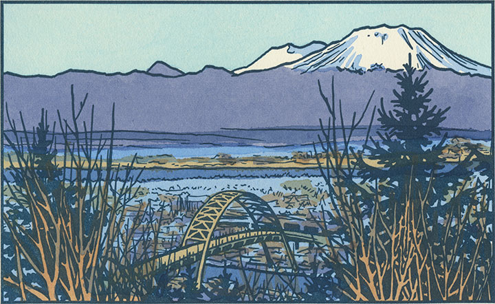 Mt. Rainier and Mt. St. Helens letterpress illustration by Chandler O'Leary