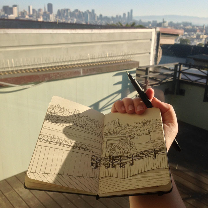 In-progress photo of San Francisco sketch by Chandler O'Leary