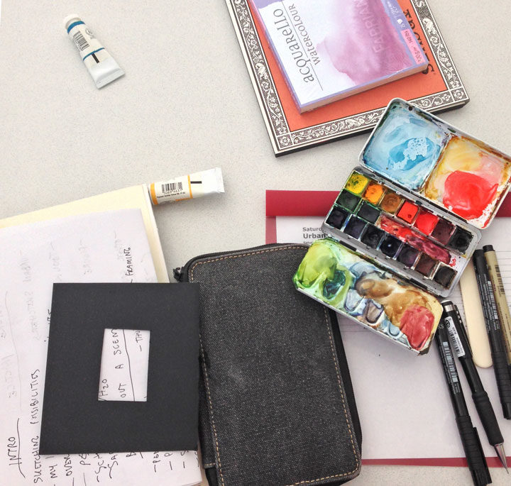 Materials for urban sketching workshop with Chandler O'Leary