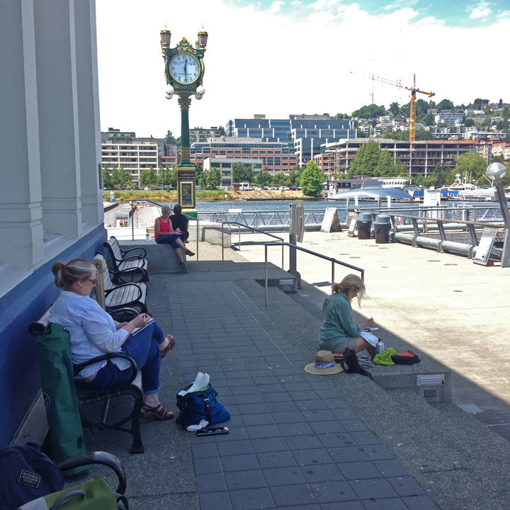 Students sketching in Seattle during urban sketching workshop with Chandler O'Leary