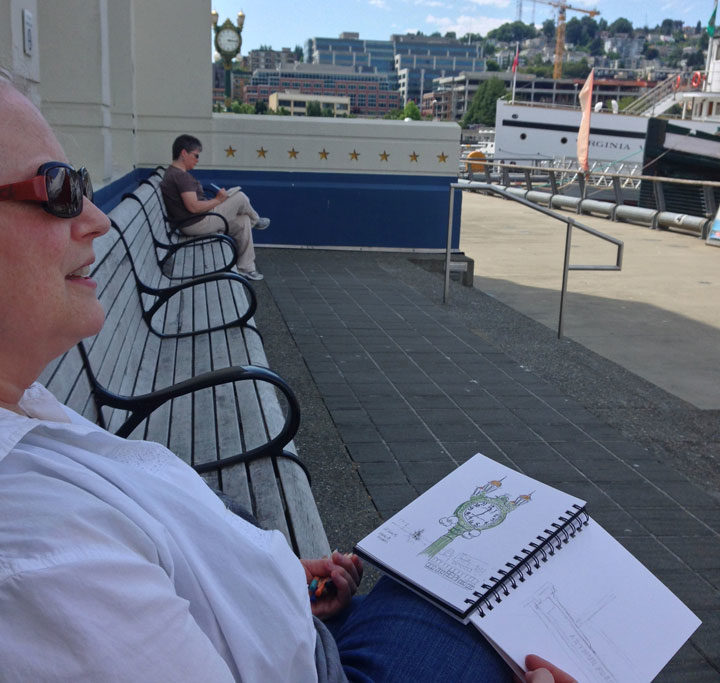 Students sketching in Seattle during urban sketching workshop with Chandler O'Leary