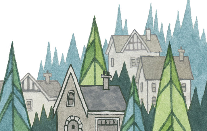 Detail of village illustration by Chandler O'Leary