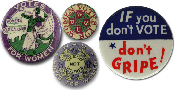Vintage women's suffrage and voting campaign buttons