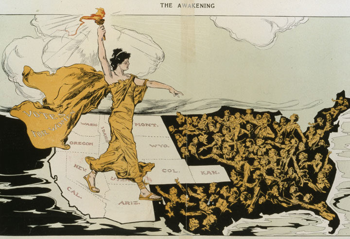 Historic political cartoon about western states leading the way for women's suffrage