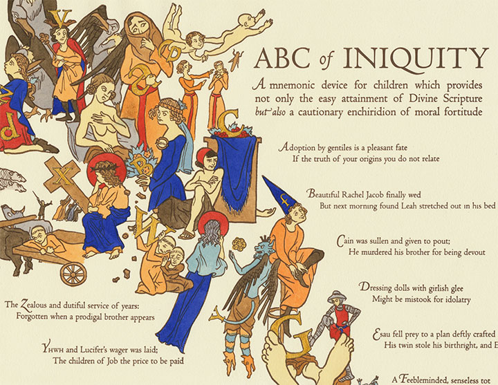 Detail of "ABC of Iniquity" letterpress broadside by Chandler O'Leary