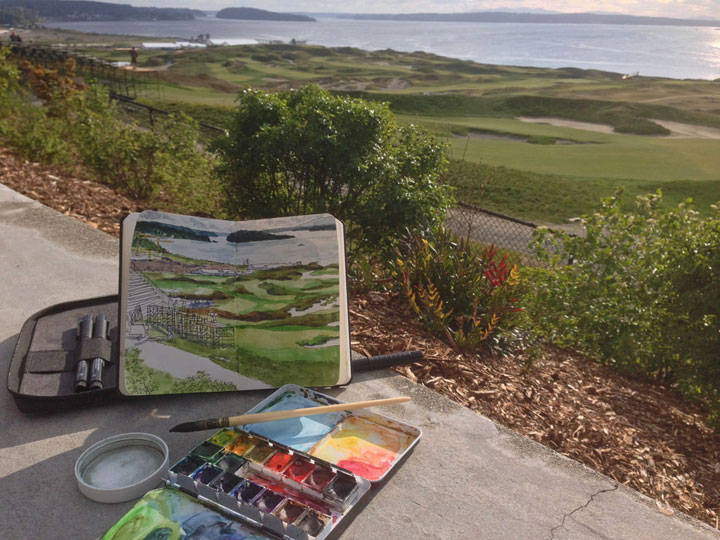 Chambers Bay golf course sketch by Chandler O'Leary
