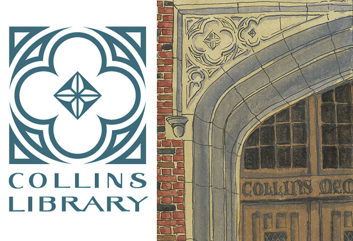 Collins Library logo and sketchbook drawing by Chandler O'Leary