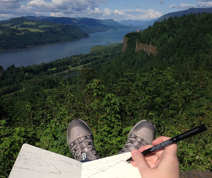 Columbia River Gorge photo and sketch by Chandler O'Leary