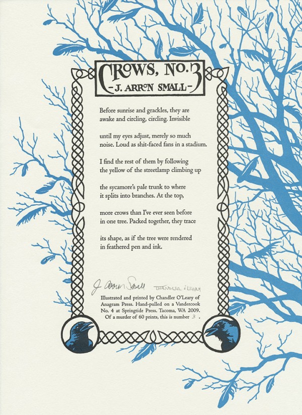 "Crows, No. 3" letterpress broadside; text by J. Arron Small, illustrations by Chandler O'Leary