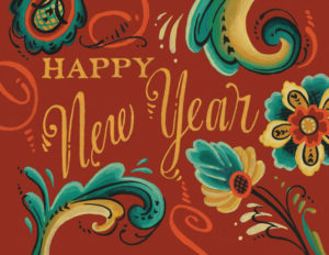 Happy New Year rosemaling holiday card illustrated and hand-lettered by Chandler O'Leary