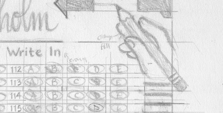 Detail of process pencils for "Keep the Change" broadside, illustrated by Chandler O'Leary