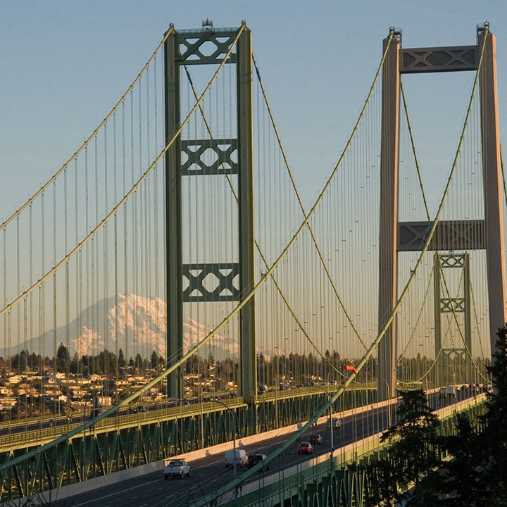 Mt. Rainier and Tacoma Narrows Bridge photo by Chandler O'Leary
