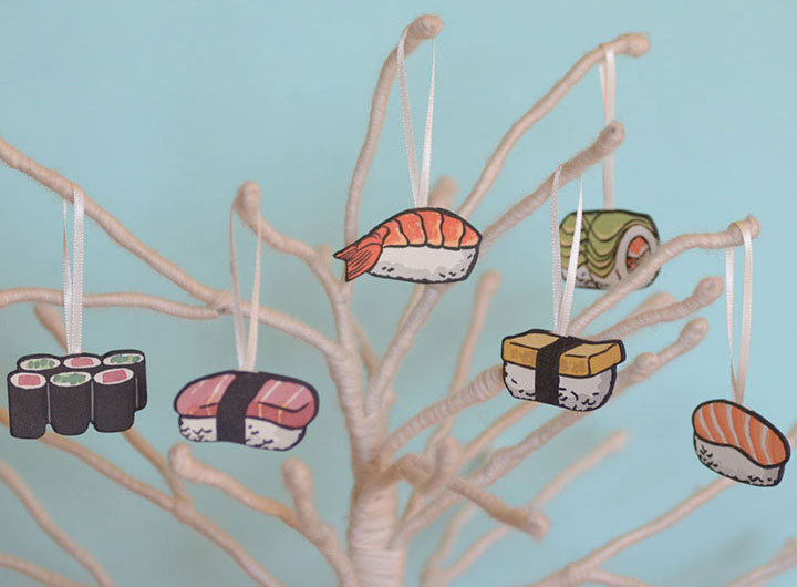 Sushi holiday ornaments illustrated and letterpress printed by Chandler O'Leary