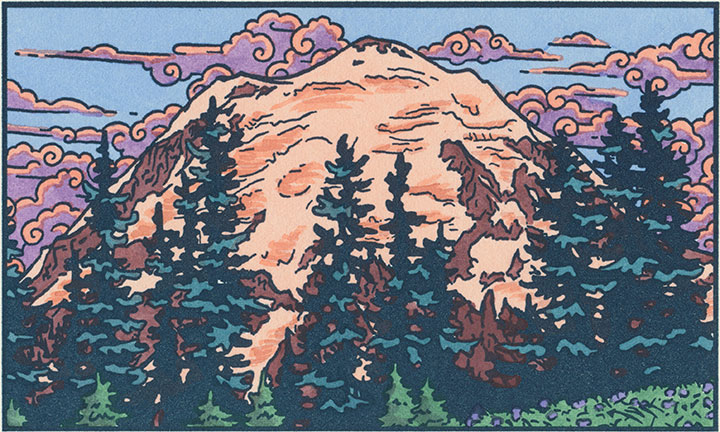 Mt. Rainier Alpenglow letterpress illustration by Chandler O'Leary