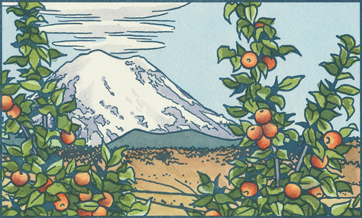 Mt. Rainier and Apple Orchard letterpress illustration by Chandler O'Leary