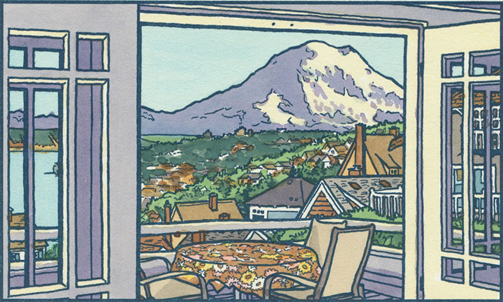 Mt. Rainier and Tacoma Balcony letterpress illustration by Chandler O'Leary