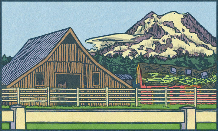 Mt. Rainier and Old Barns letterpress illustration by Chandler O'Leary