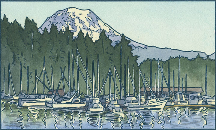 Mt. Rainier and Gig Harbor letterpress illustration by Chandler O'Leary