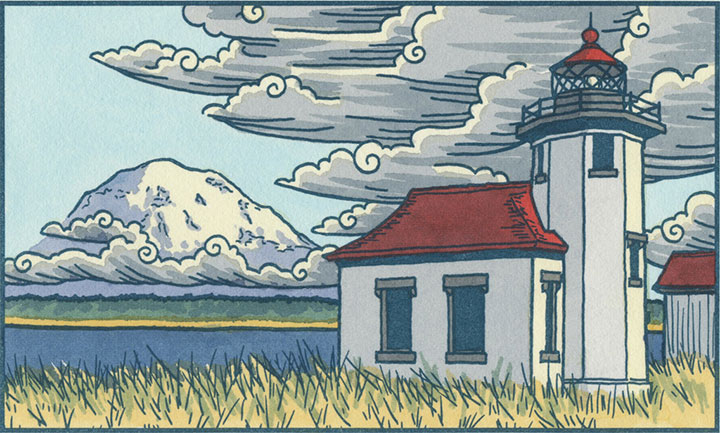 Mt. Rainier and Pt. Robinson Lighthouse letterpress illustration by Chandler O'Leary