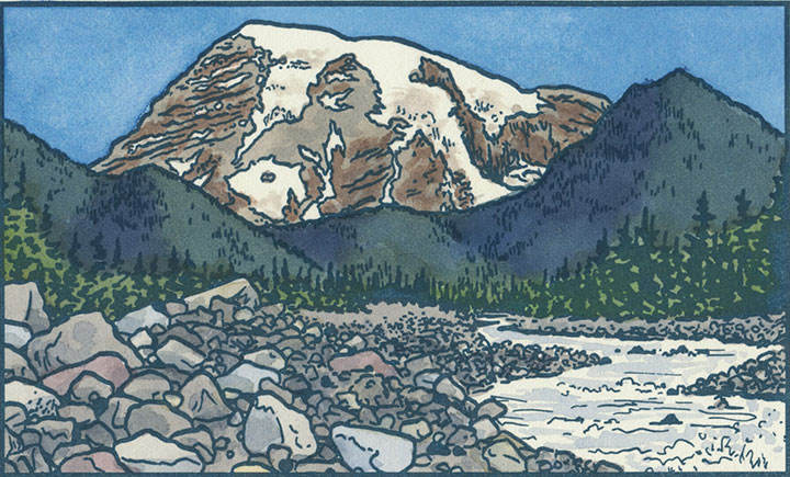 Mt. Rainier and Nisqually River letterpress illustration by Chandler O'Leary