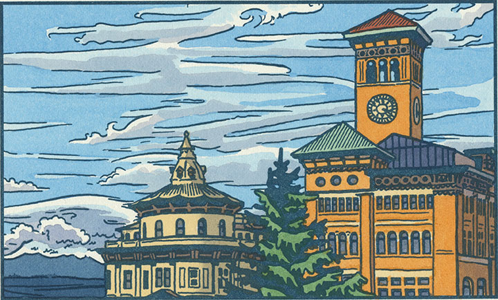 Mt. Rainier and Old City Hall letterpress illustration by Chandler O'Leary