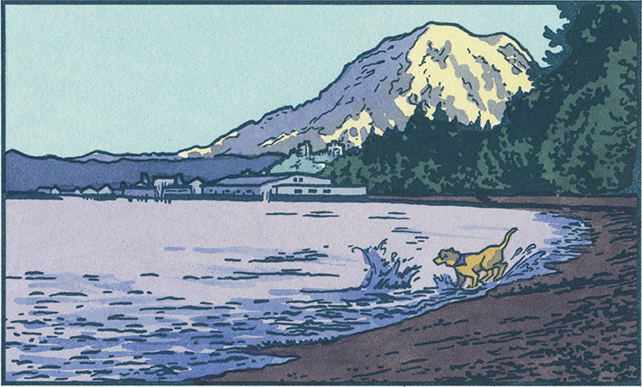 Mt. Rainier and Owen Beach letterpress illustration by Chandler O'Leary