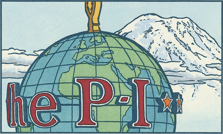 Mt. Rainier and Seattle Post-Intelligencer Globe letterpress illustration by Chandler O'Leary