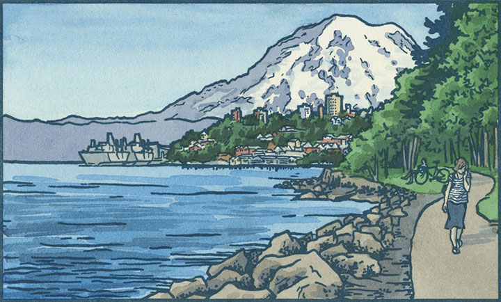 Mt. Rainier and Ruston Way Waterfront letterpress illustration by Chandler O'Leary