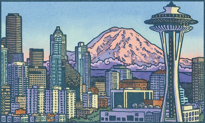 Mt. Rainier and Space Needle letterpress illustration by Chandler O'Leary