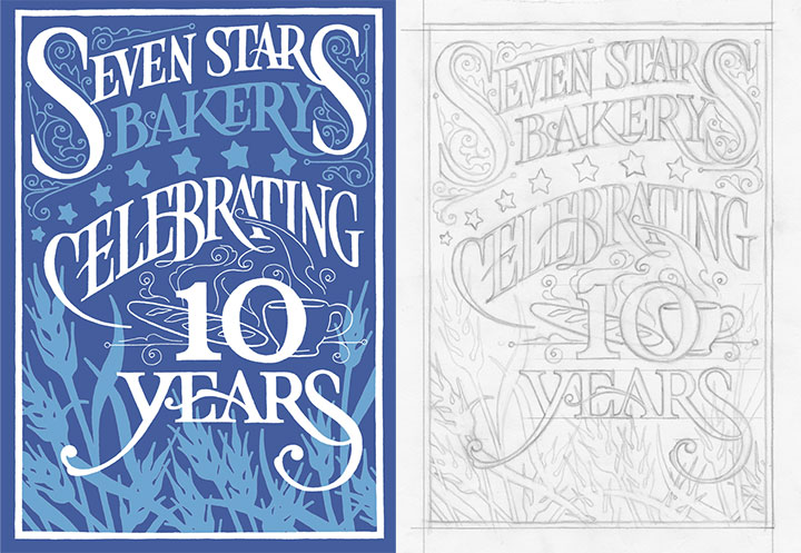 Seven Stars Bakery anniversary lettering and illustration by Chandler O'Leary