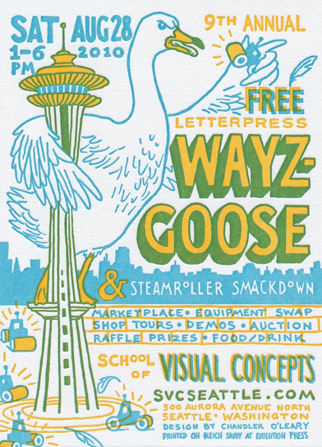 Letterpress Wayzgoose flyer illustrated and hand-lettered by Chandler O'Leary