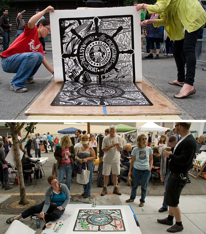 San Francisco Roadworks festival, featuring "Even Keel" steamroller print by Chandler O'Leary and Jessica Spring