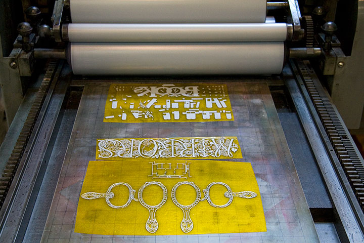 In-progress photo of "Paper Chase" letterpress broadside by Chandler O'Leary and Jessica Spring