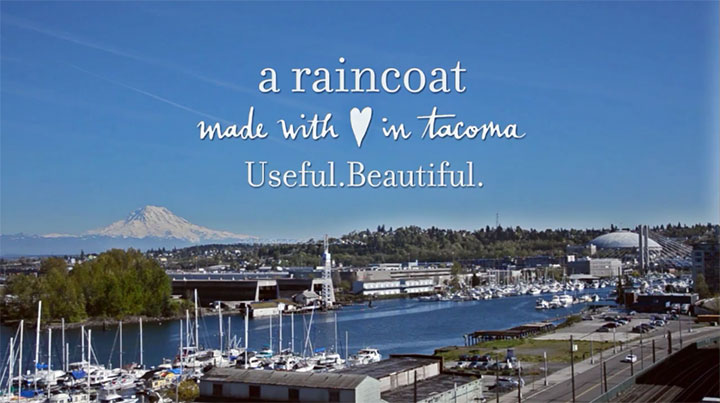 "Made in Tacoma" promo photo for Sonja Silver's original raincoat, featuring lining pattern illustrated by Chandler O'Leary. Photo by Emilie Firn.